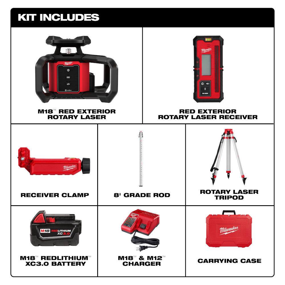 M18™ Red Exterior Rotary Laser Level Kit with Receiver, Tripod, & Grade Rod (3701-21T)