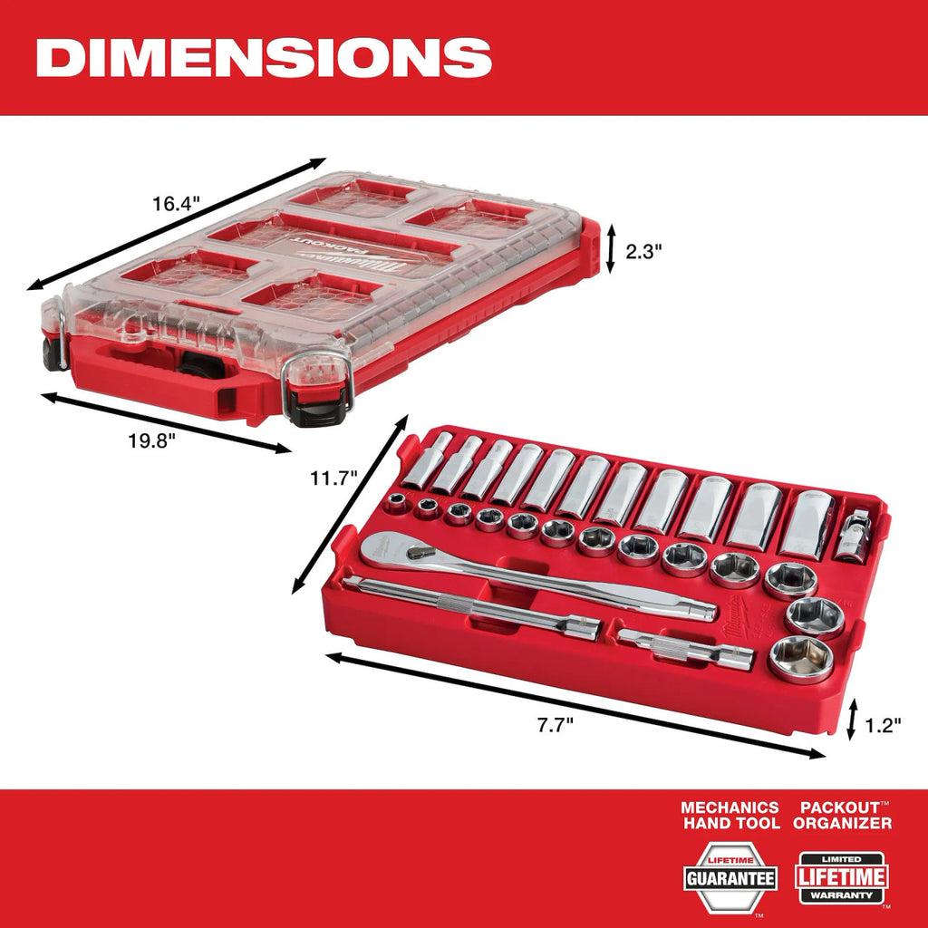 28 PC SAE 3/8" Drive Ratchet & Socket Set with Packout™ Low-Profile Compact Organizer (48-22-9481)