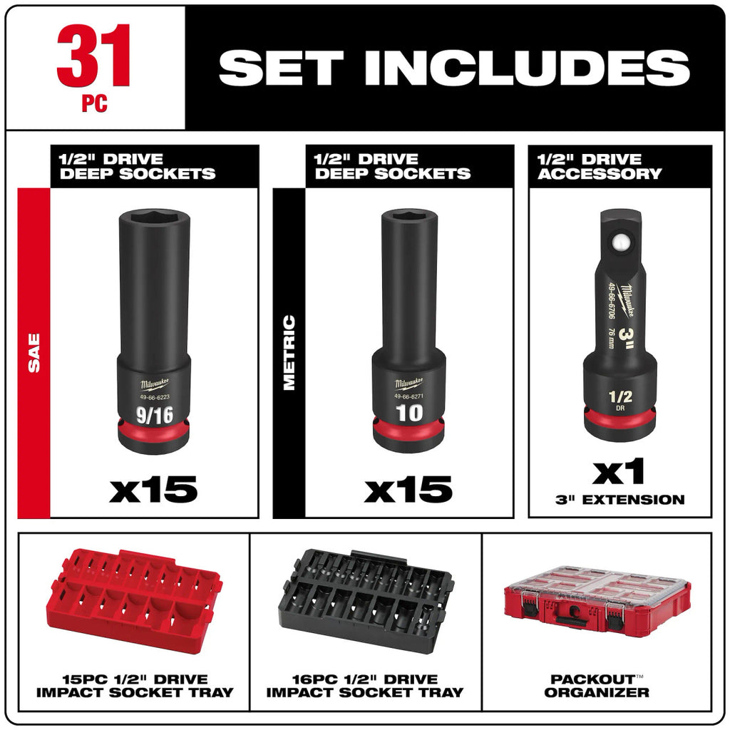 31 PC Shockwave™  Impact Duty Socket 1/2" Drive Packout™ Set (49-66-6806)