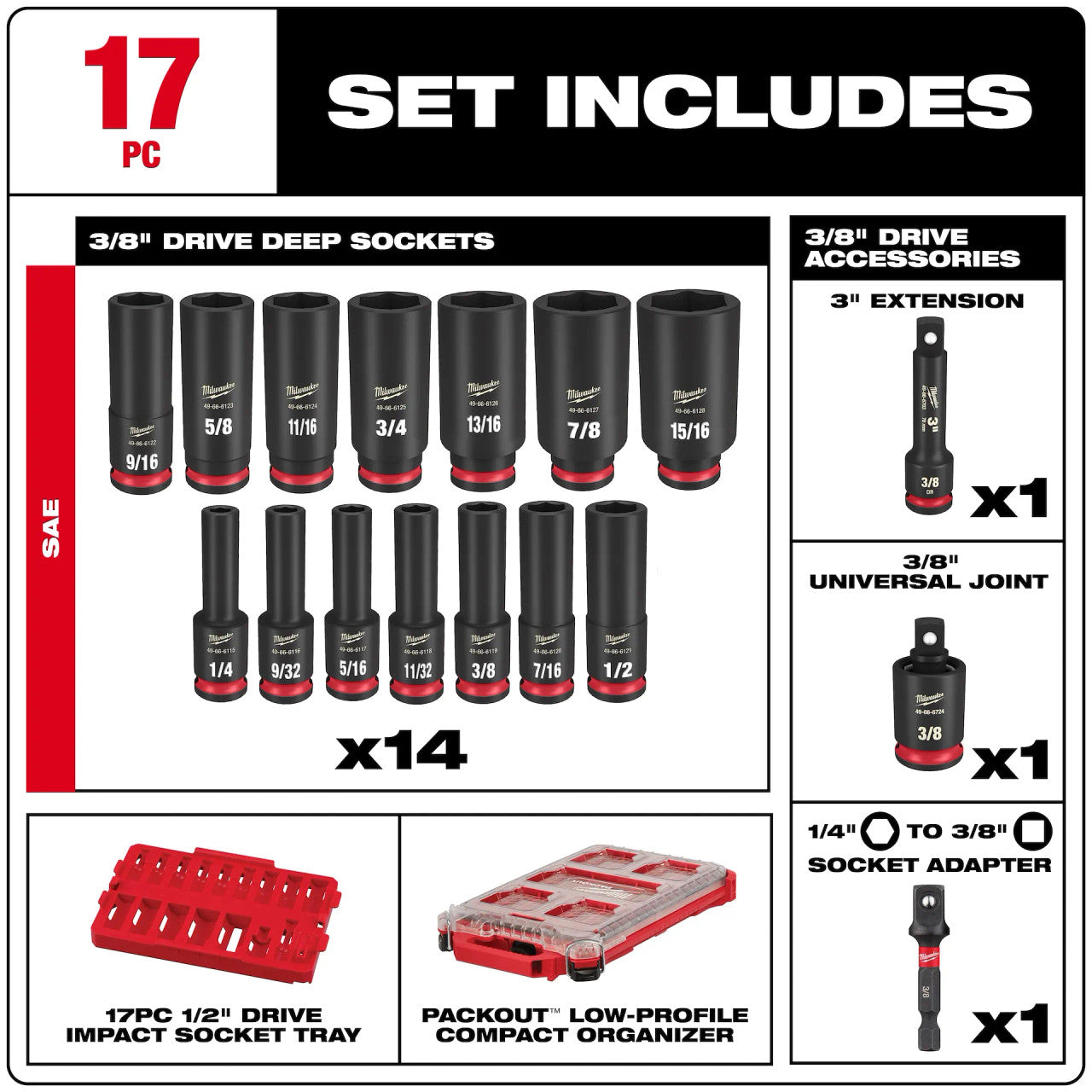 17 PC Shockwave™ Socket 3/8" Drive SAE Packout™ Set (49-66-6800)
