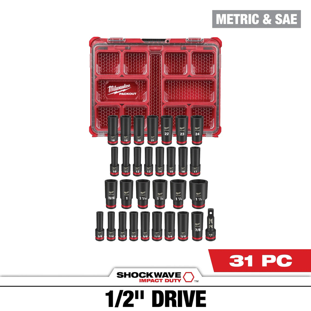 31 PC Shockwave™  Impact Duty Socket 1/2" Drive Packout™ Set (49-66-6806)
