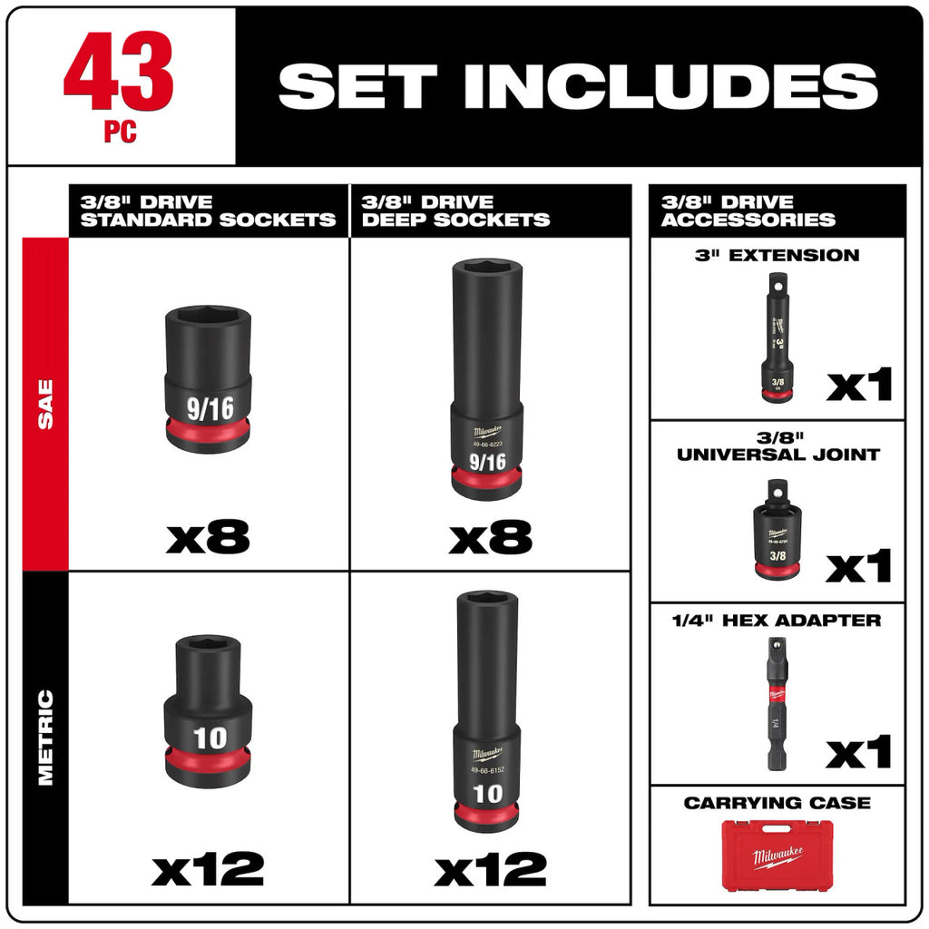 43 PC Shockwave™  3/8" Drive SAE & METRIC Deep 6 Point Set (49-66-7009)