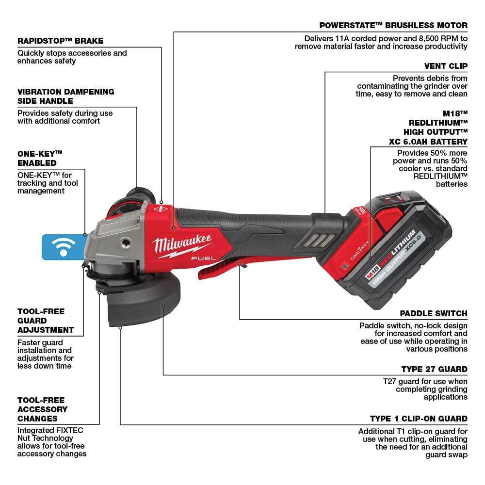 M18 FUEL™ 4-1/2" / 5" Braking Grinder with ONE-KEY™ Paddle Switch, No Lock Kit (2882-22)